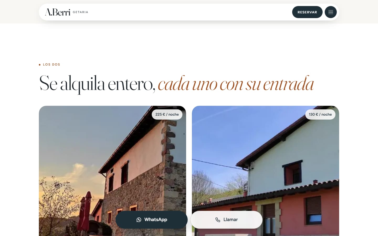 Fichas de la casa rural y del apartamento en la web de A.Berri