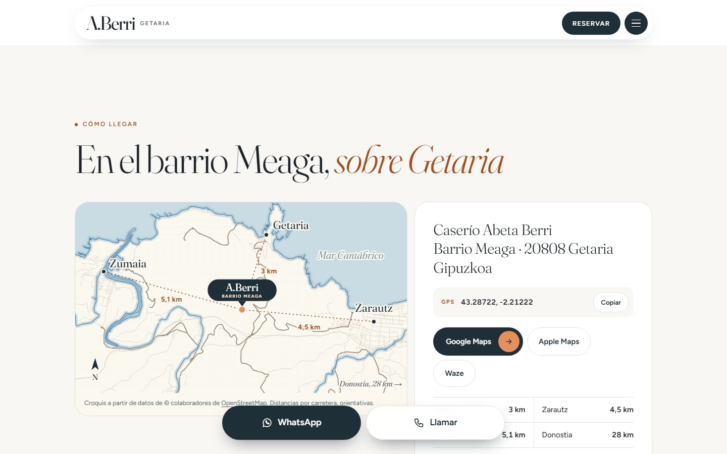 Sección Cómo llegar con plano y distancias en la web de A.Berri