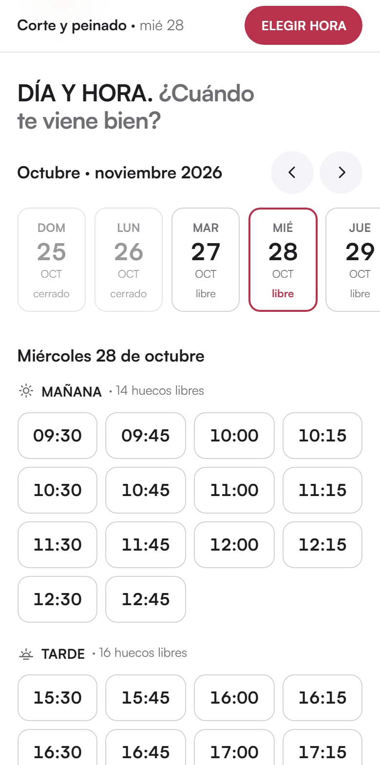 Página de citas de ejemplo: elegir día y hora
