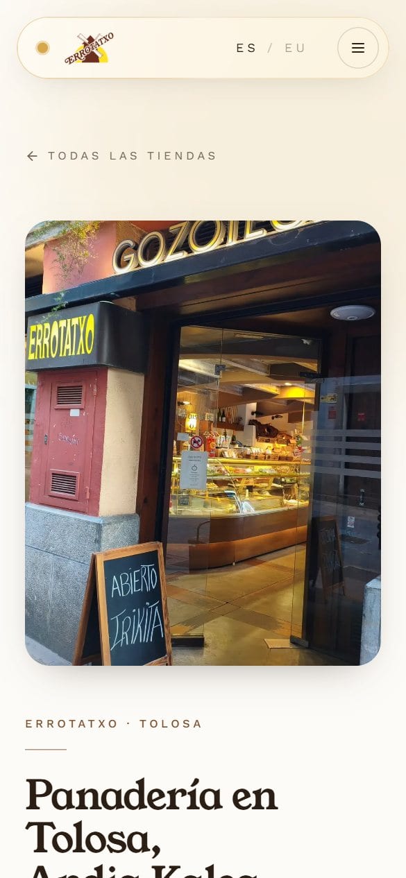 Página de la tienda de Andia Kalea en la web de Errotatxo, en el móvil