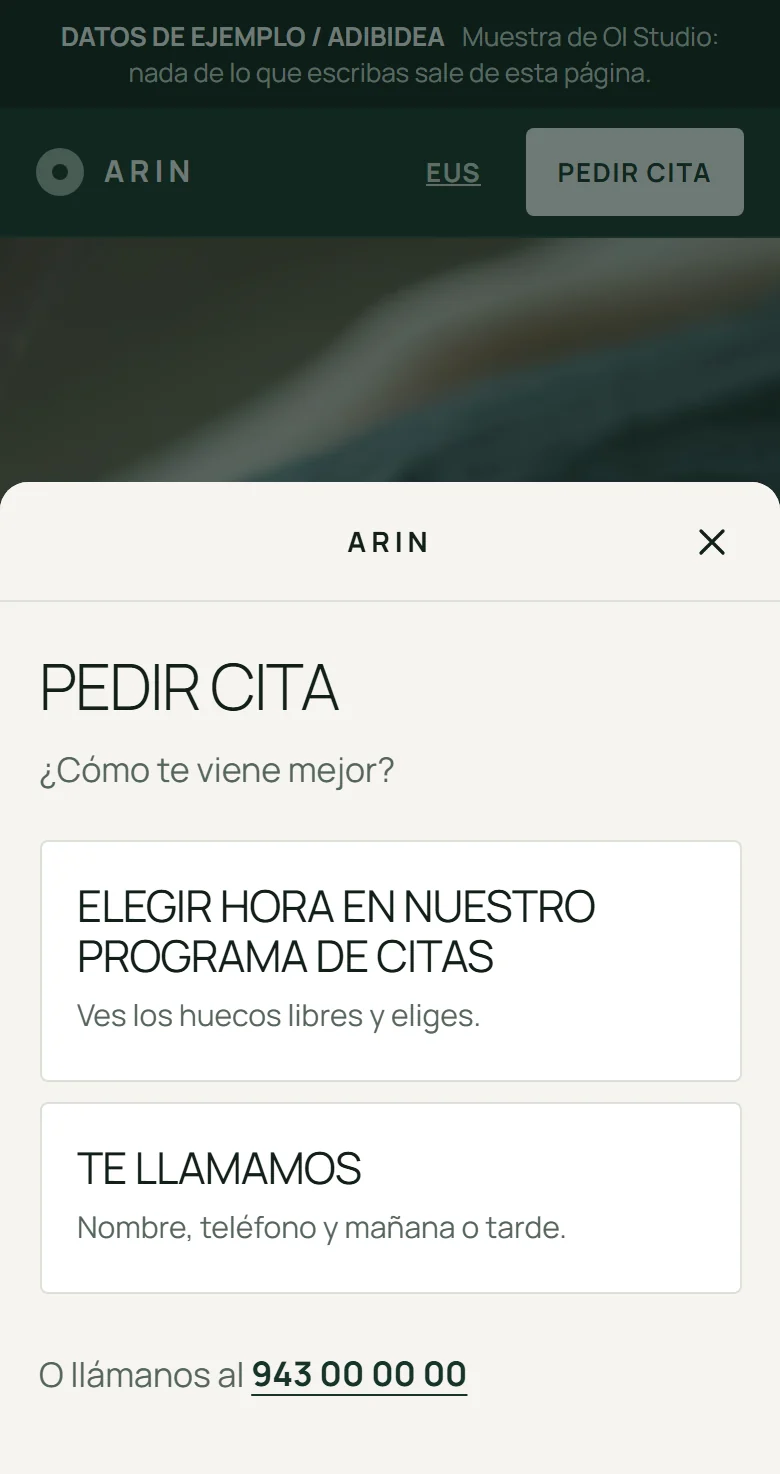 ARIN, centro de fisioterapia inventado: la ventana de pedir cita
