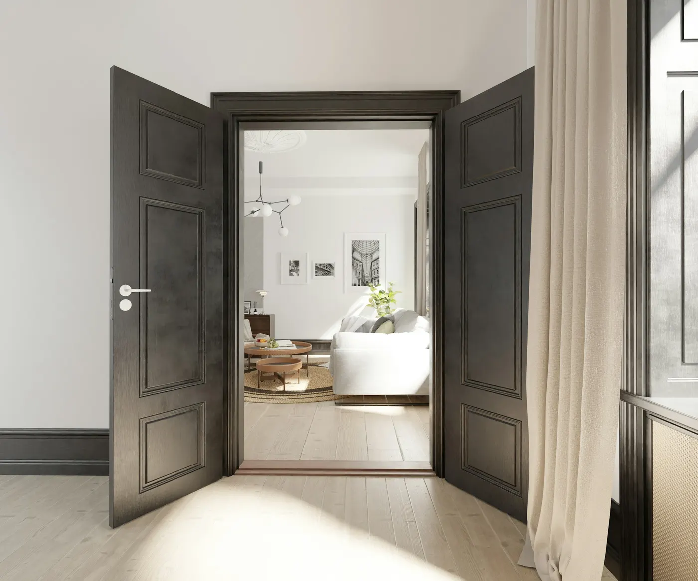 Puerta de madera abierta a un salón luminoso
