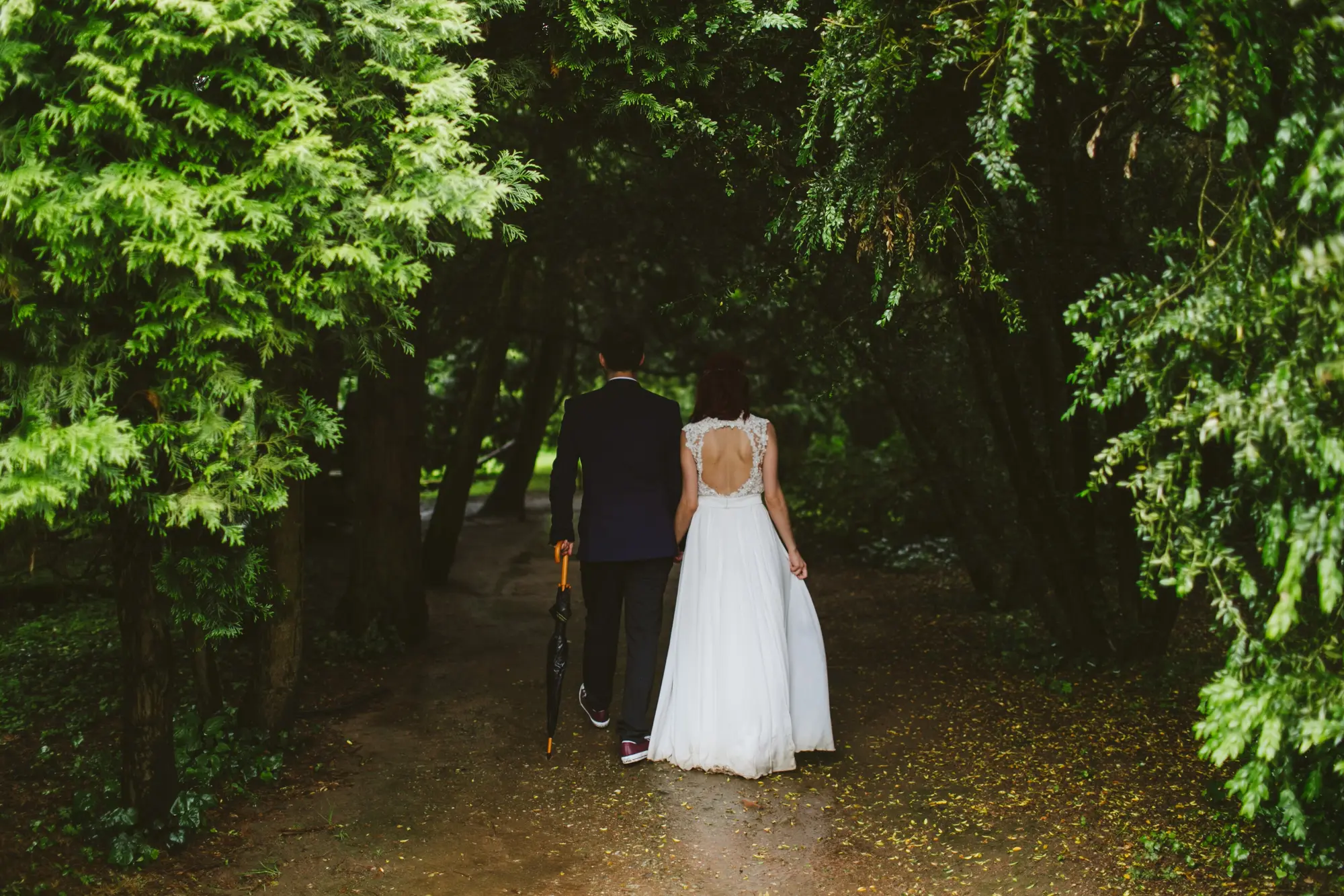 Una pareja de novios camina de espaldas por un sendero entre árboles